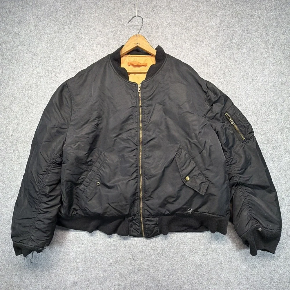Vintage Alpha Industries MA-1 Jacket Mens 2XL Black Bomber Thrashed Broken Zip